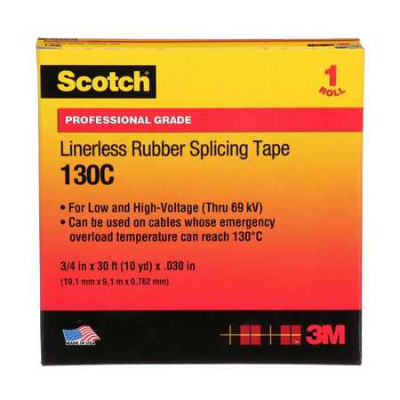 3M Scotch Linerless Rubber Splicing Tape 130C, 3/4 in x 30 ft, Black 7000006085